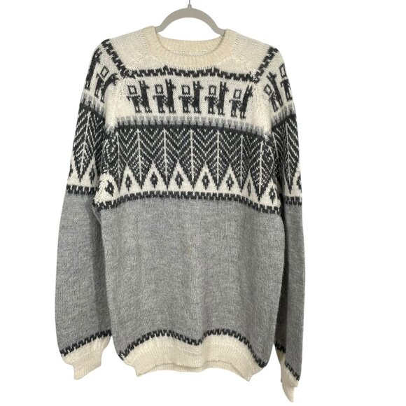 Vintage Alpaca Wool Knit Sweater Men’s Size Large Gray White Llama Pattern - Picture 2 of 8